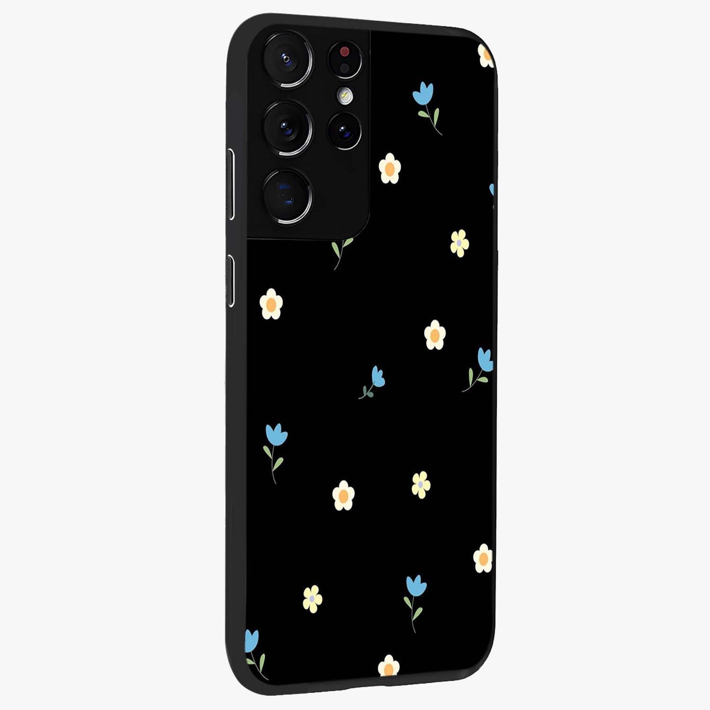 Minimal Petal Whispers Glass Case upright view showcasing elegant floral artwork with modern minimalist style.