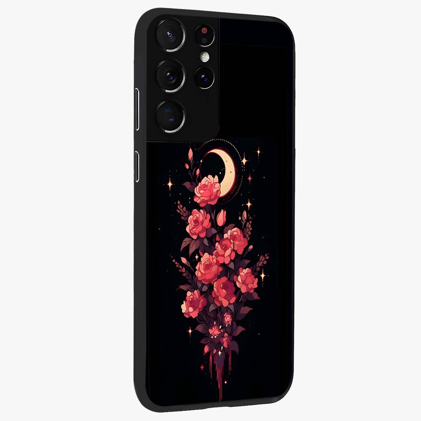 Moonlit Floral Elegance Glass Case upright view showcasing delicate floral artwork with refined night inspired theme.