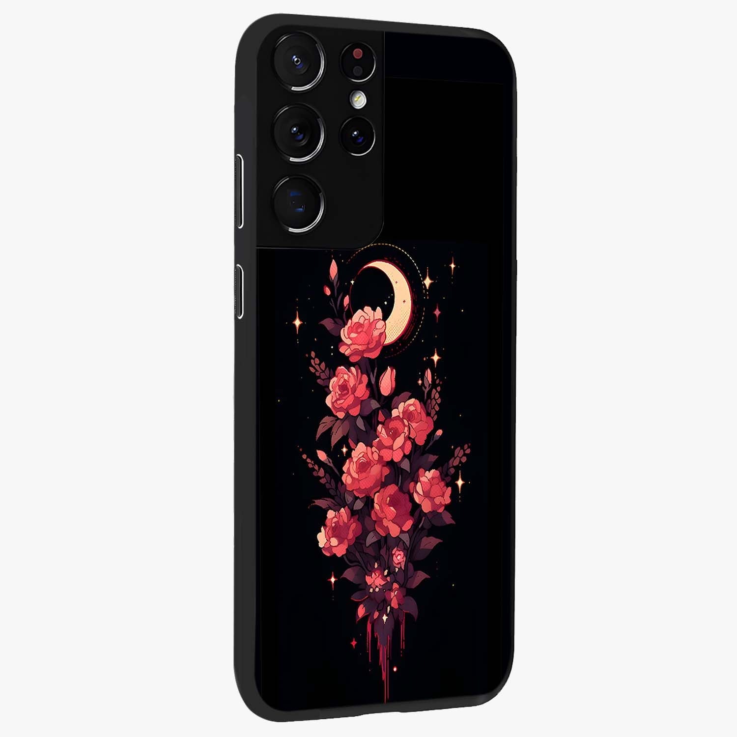 Moonlit Floral Elegance Glass Case upright view showcasing delicate floral artwork with refined night inspired theme.