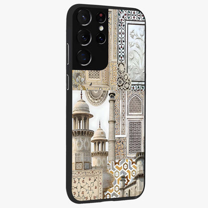 Mughal Marble Legacy Glass Case upright view showcasing ornate Mughal design with luxurious traditional theme.