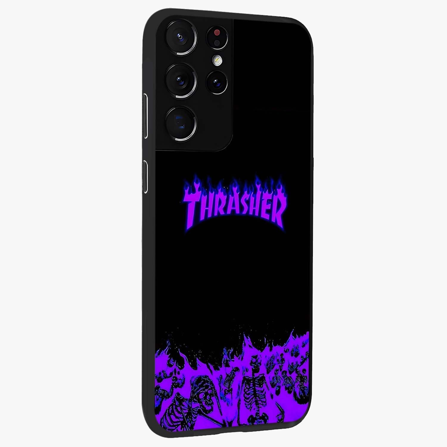 Neon Flame Riot Glass Case upright view showcasing dynamic flame artwork with energetic neon theme.