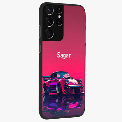 Neon Pink Porsche Glass Case upright view showcasing vibrant sports car artwork with bold automotive theme.