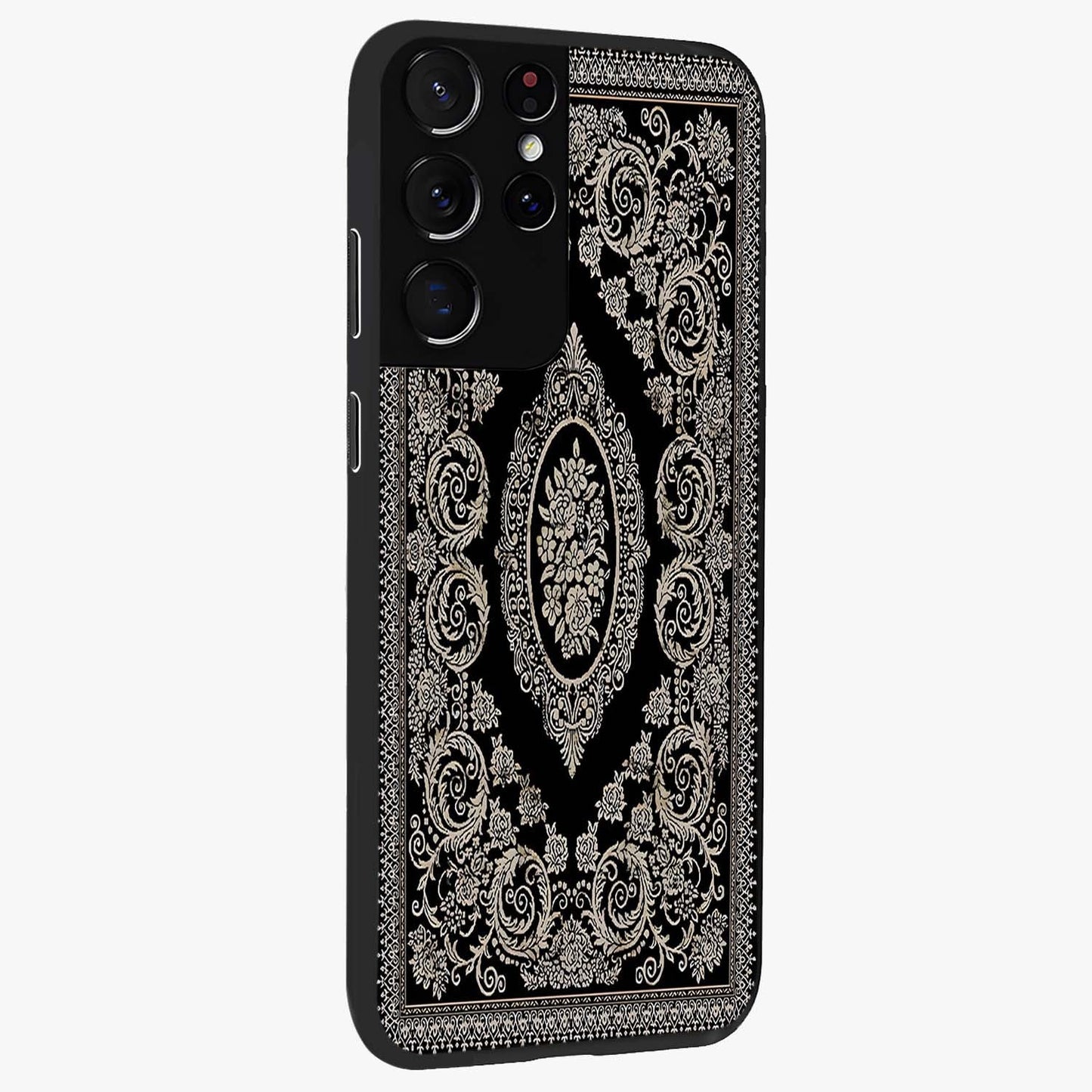 Noir Bloom Elegance Glass Case upright view showcasing graceful floral artwork with luxurious dark theme.