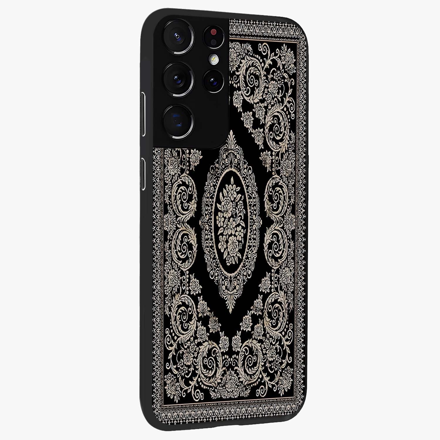 Noir Bloom Elegance Glass Case upright view showcasing graceful floral artwork with luxurious dark theme.