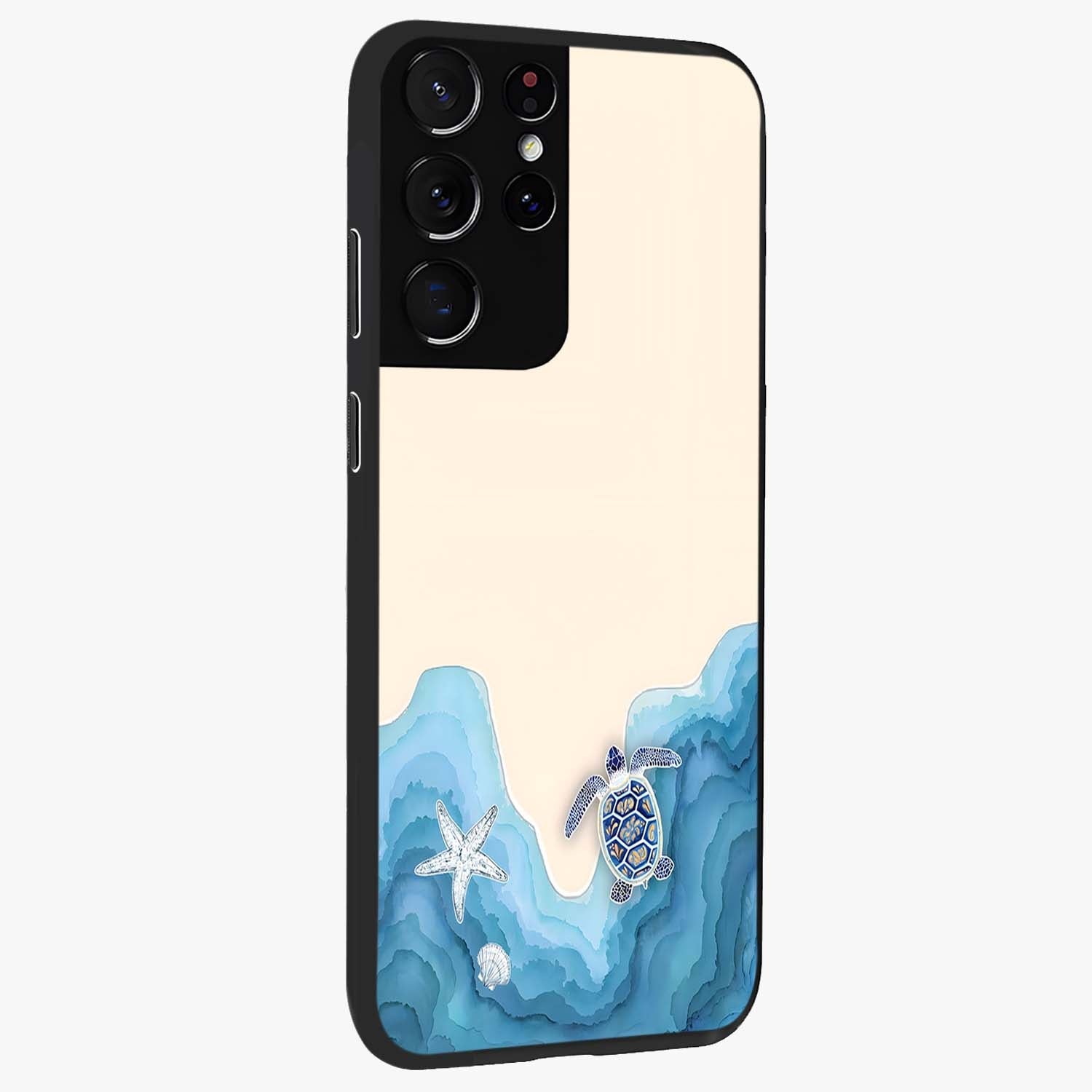 Ocean Drift Turtle Glass Case upright view showcasing calm underwater turtle artwork with nature inspired theme.