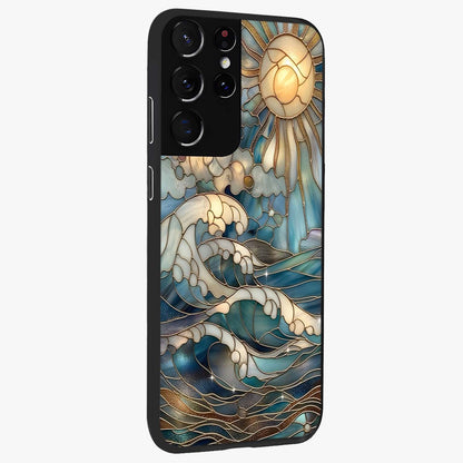 Oceanic Stained Printed Glass Case upright view showcasing decorative ocean pattern artwork with vibrant marine theme.