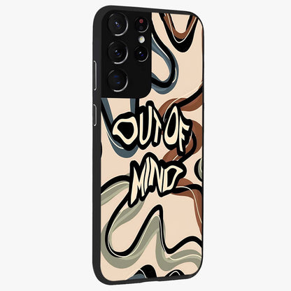 Out Of Mind Glass Case upright view showcasing striking typography artwork with edgy conceptual theme.