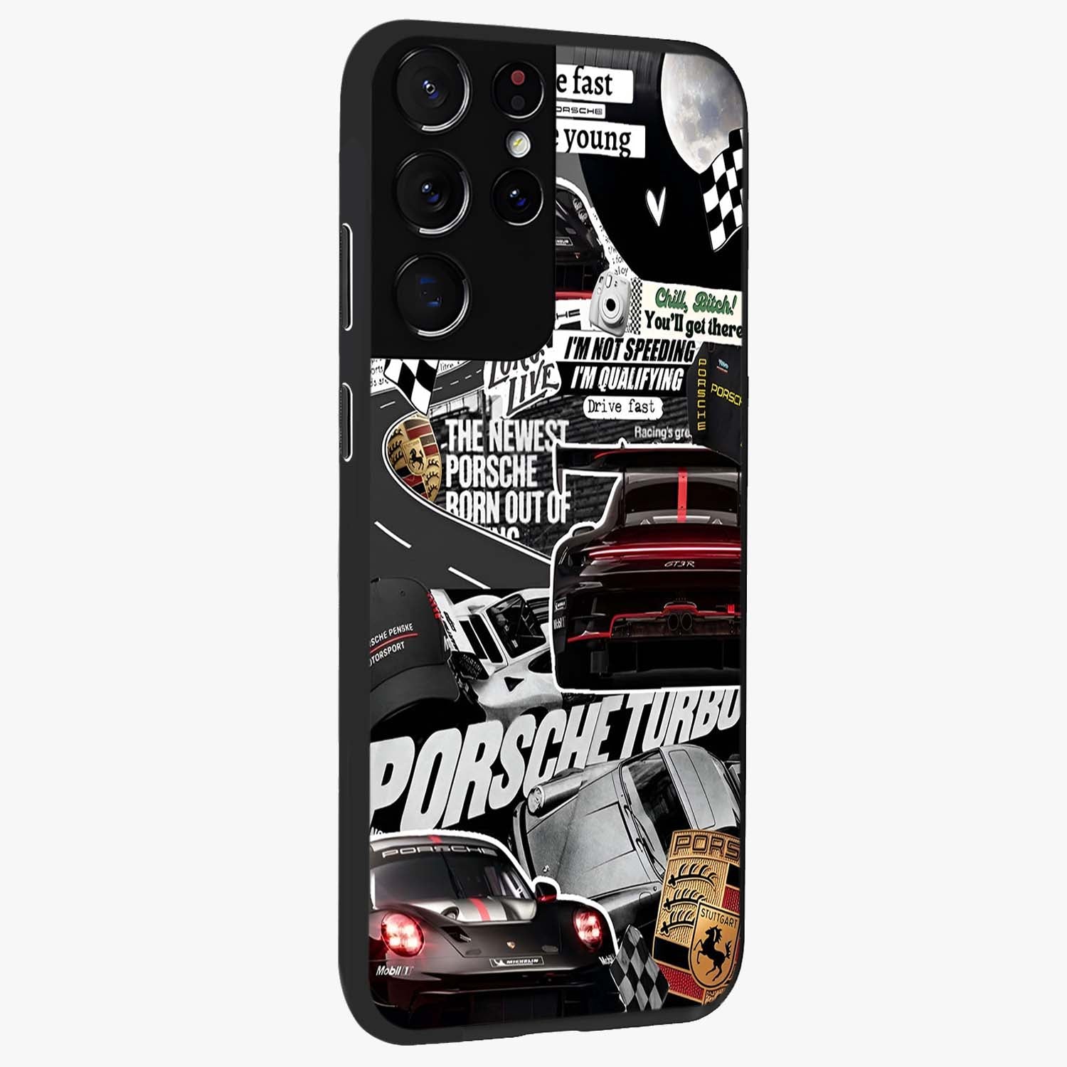Porsche Racing Collage Glass Case upright view showcasing energetic car collage artwork with high speed racing theme.