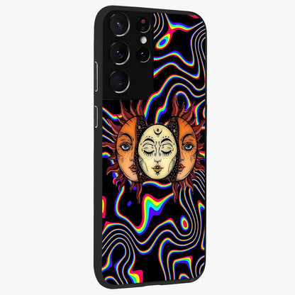 Psychedelic Sun Glass Case upright view showcasing trippy sun artwork with bold psychedelic theme.
