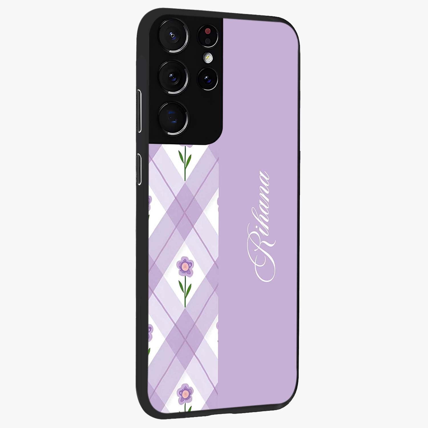 Purple Diamond Floral Glass Case upright view showcasing vibrant floral artwork with stylish geometric theme.