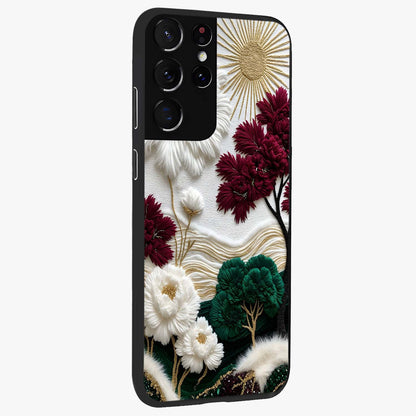 Radiant Bloom Elegance Glass Case upright view showcasing decorative flower artwork with refined botanical theme.