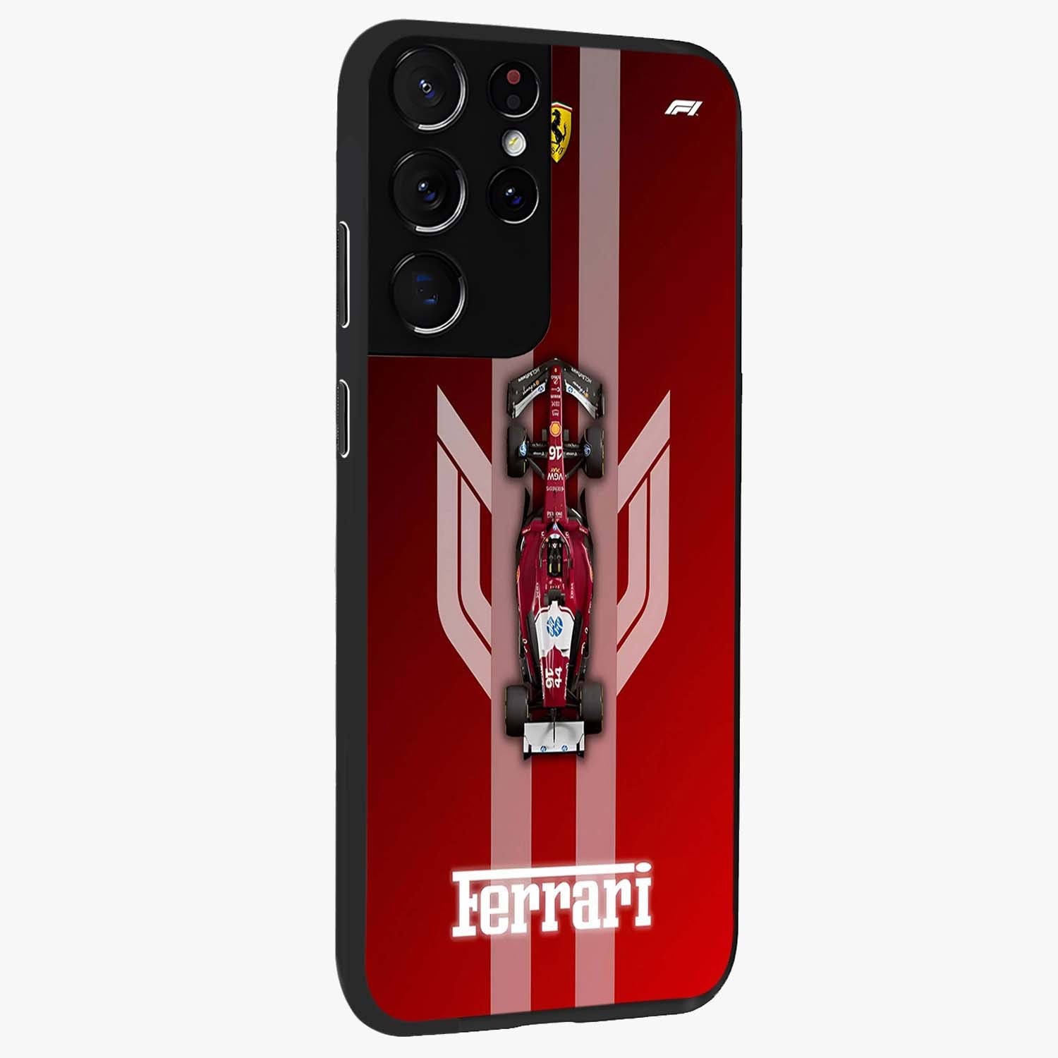 Red Ferrari F1 Vertical Glass Case upright view showcasing powerful Formula car artwork with dynamic motorsport theme.