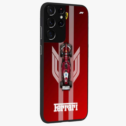 Red Ferrari F1 Vertical Glass Case upright view showcasing powerful Formula car artwork with dynamic motorsport theme.