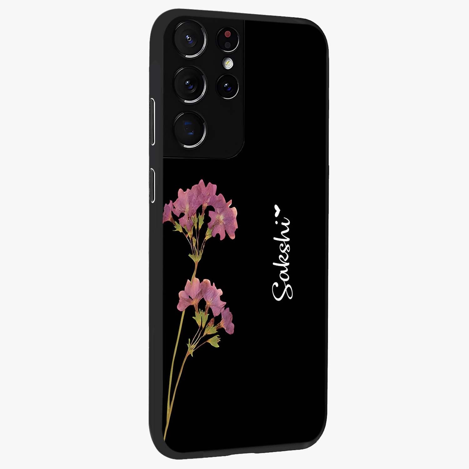 Riching Lavender Flower Custom Name Glass Case upright view showcasing elegant lavender floral artwork with personalized aesthetic.