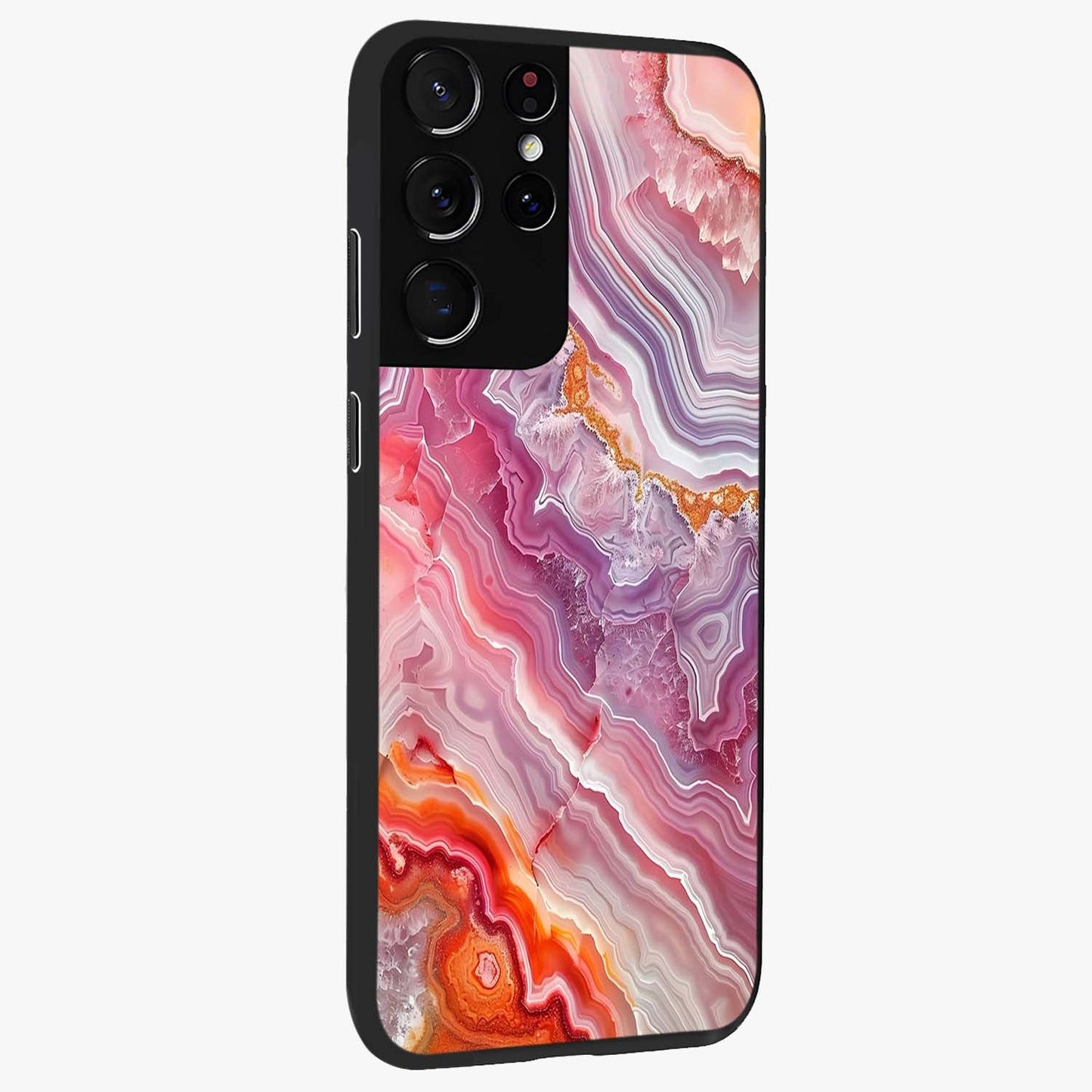 Rose Quartz Marble Glass Case upright view showcasing decorative marble artwork with luxurious pastel theme.