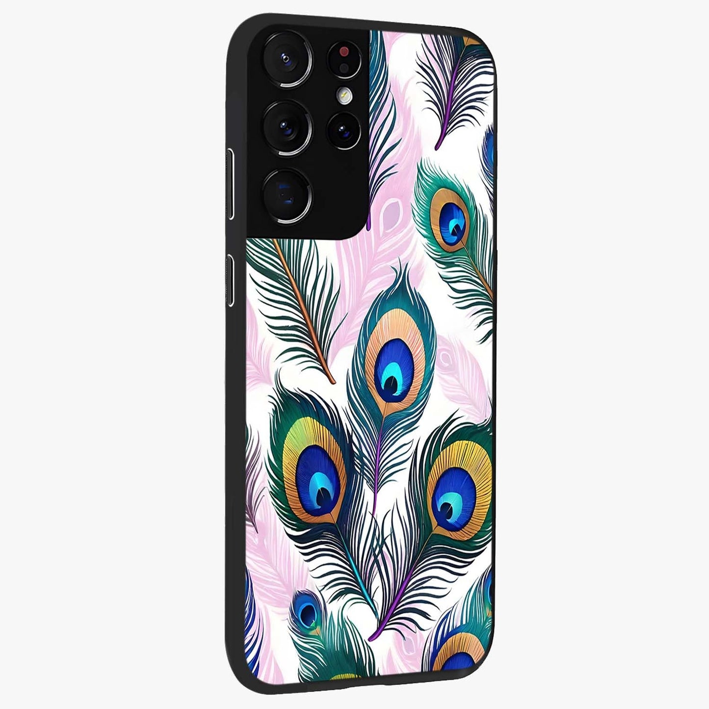 Royal Peacock Feathers Glass Case upright view showcasing elegant peacock feather artwork with decorative royal theme.