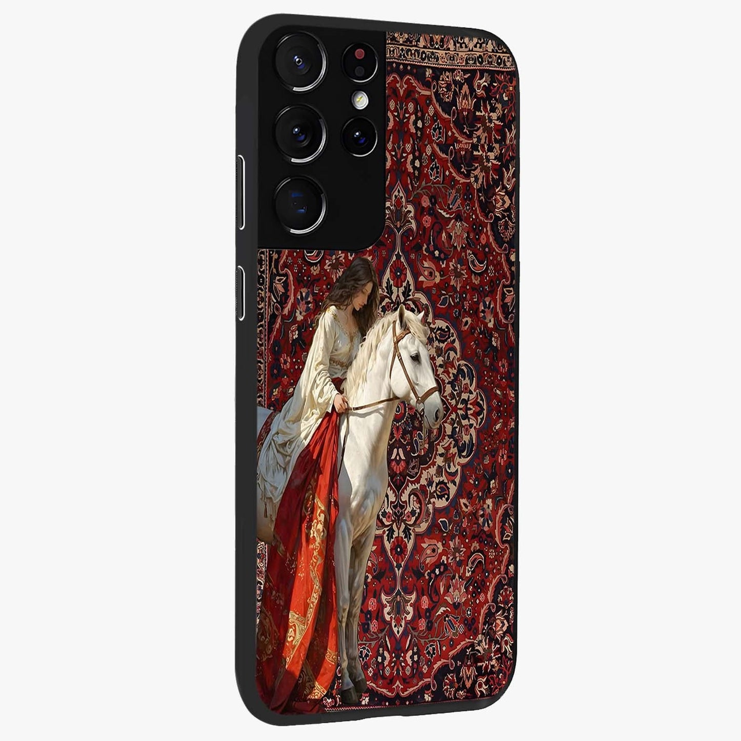 Royal Rider Tapestry Glass Case upright view showcasing detailed rider artwork with classic tapestry theme.