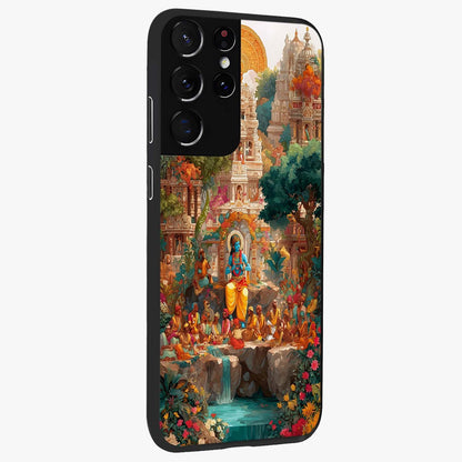 Sacred Sunlight Gods Glass Case upright view showcasing glowing divine artwork with sacred mythological theme.