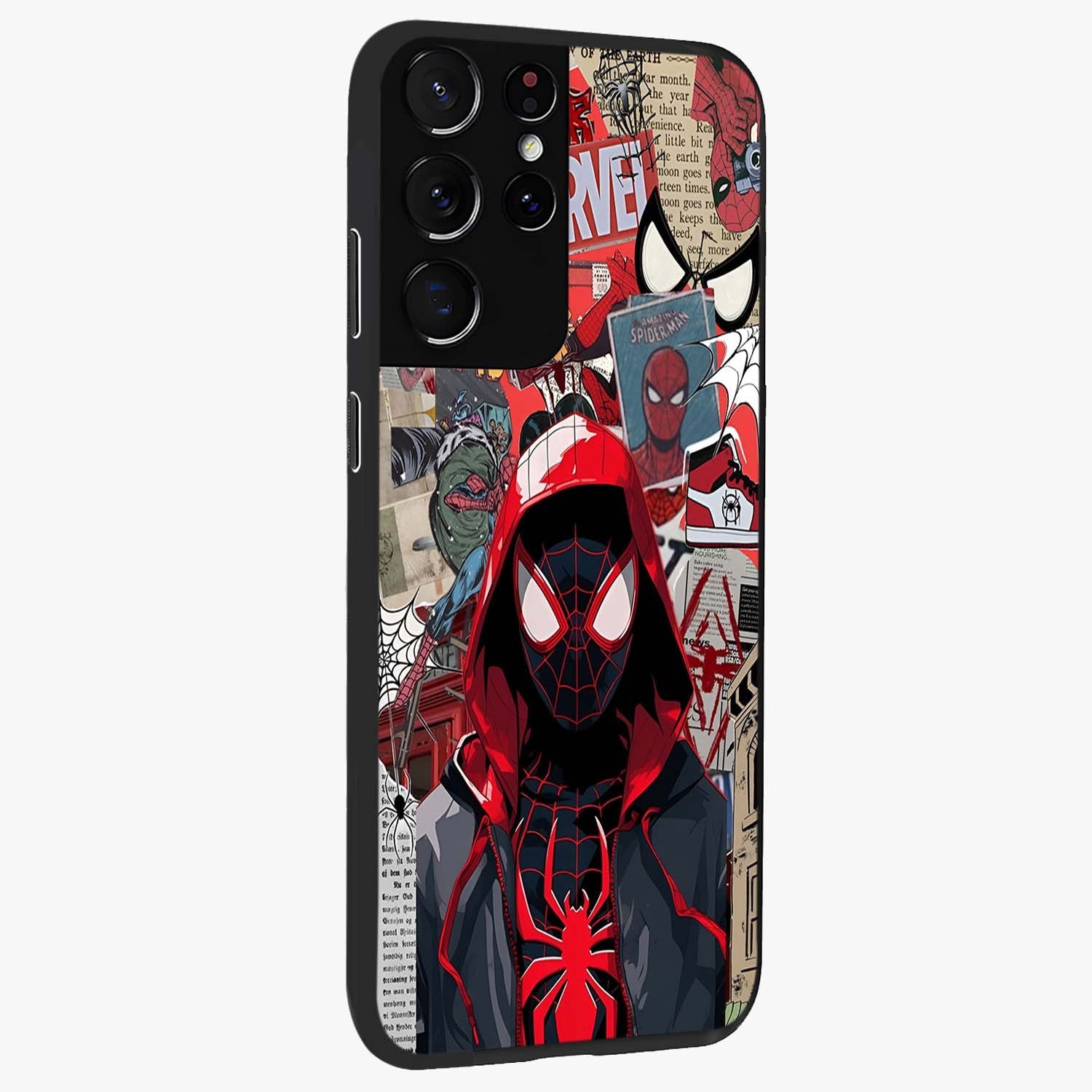 Spider Collage Street Glass Case upright view showcasing bold superhero artwork with urban street theme.