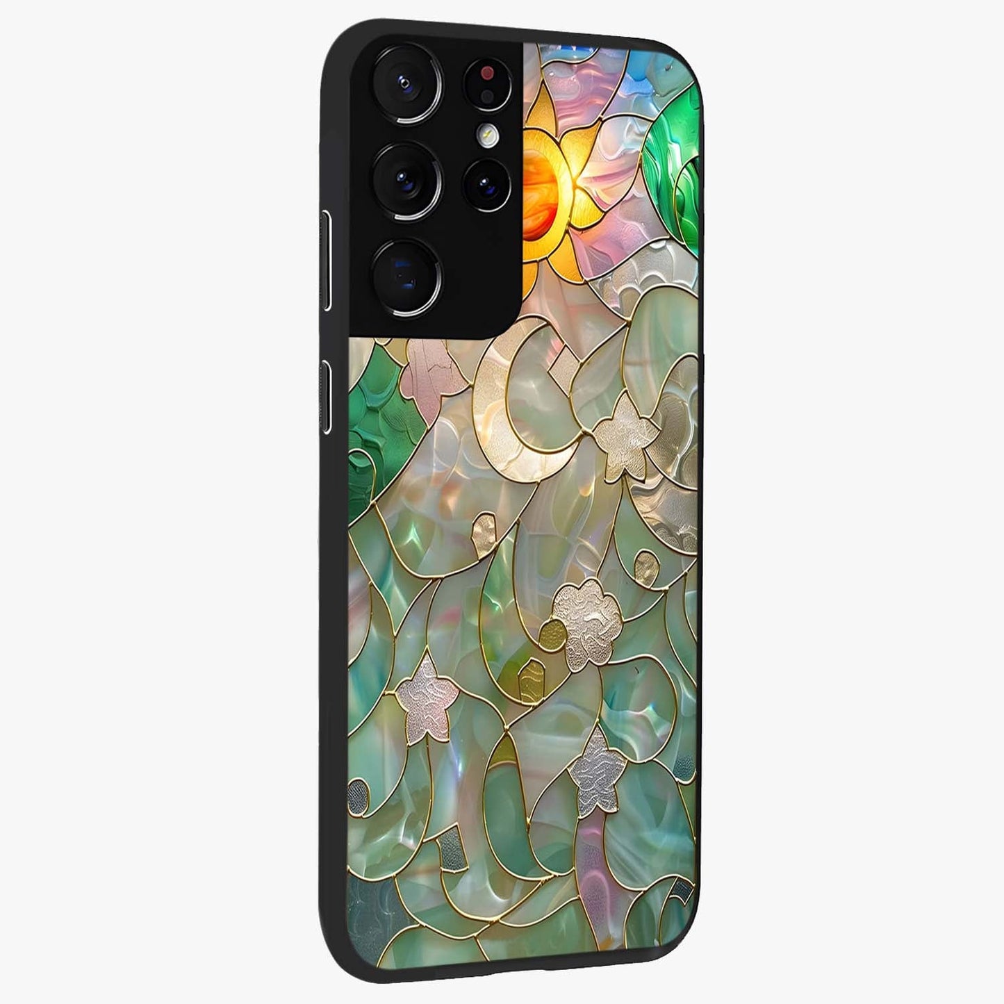 Stained Sunrise Glow Glass Case upright view showcasing colorful sunrise artwork with warm morning theme.
