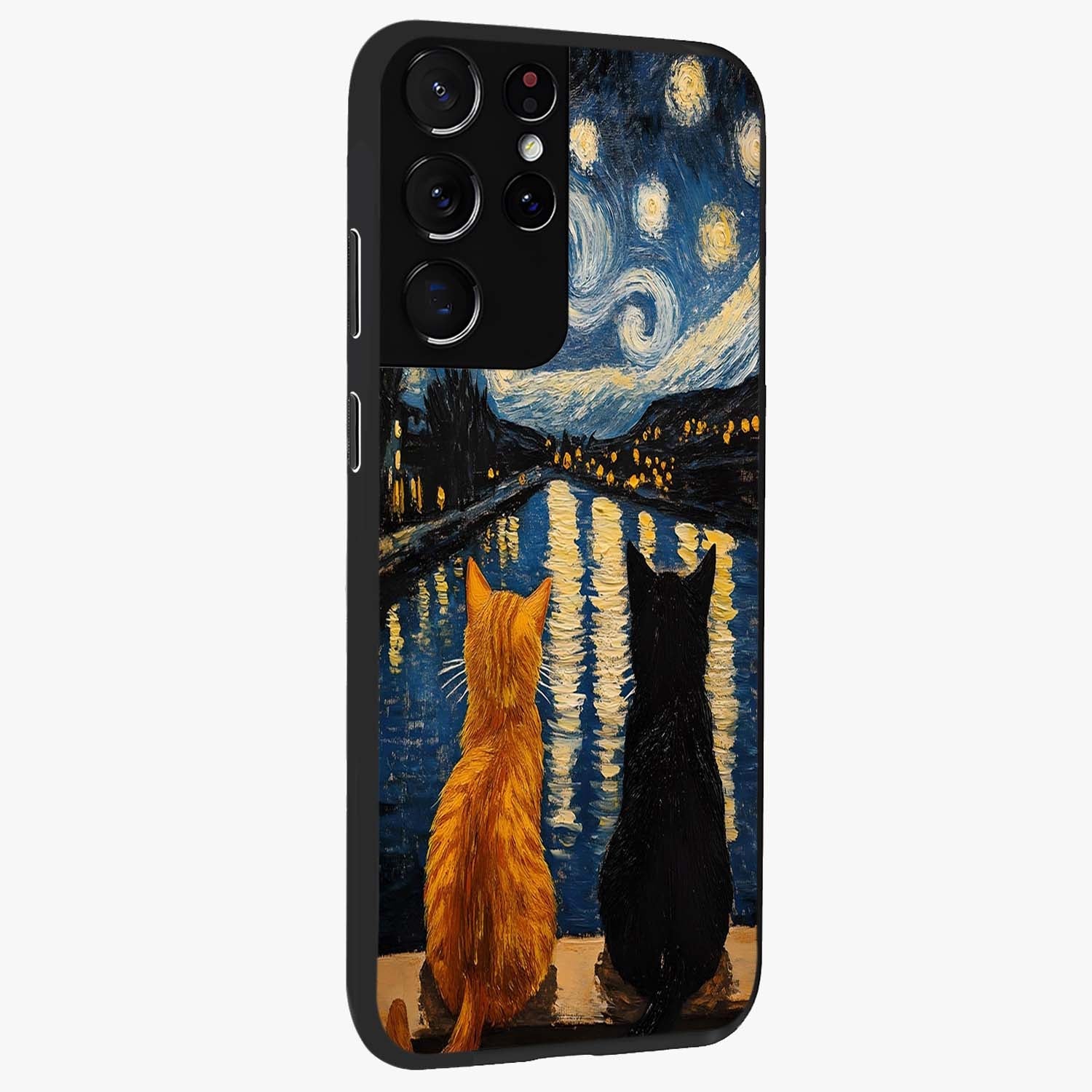 Starry River Cats Glass Case upright view showcasing adorable cat artwork with magical river and stars theme.