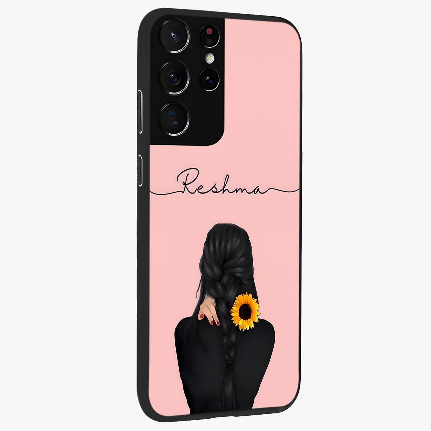 Sunflower Braid Beauty With Custom Name Glass Case upright view showcasing bright sunflower artwork with personalized floral aesthetic.