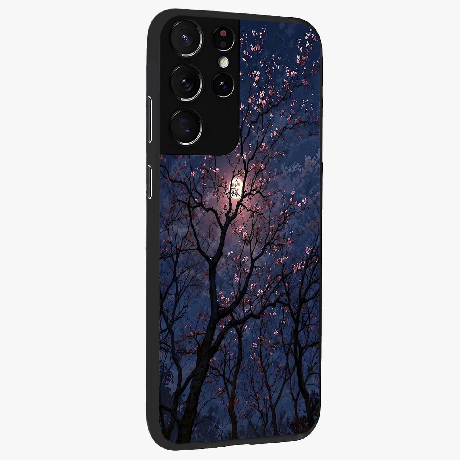 Twilight Sakura Serenade Glass Case upright view showcasing beautiful cherry blossom artwork with serene evening theme.