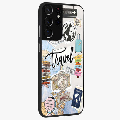 Wanderlust Journal Glass Case upright view showcasing wanderlust inspired artwork with creative exploration theme.