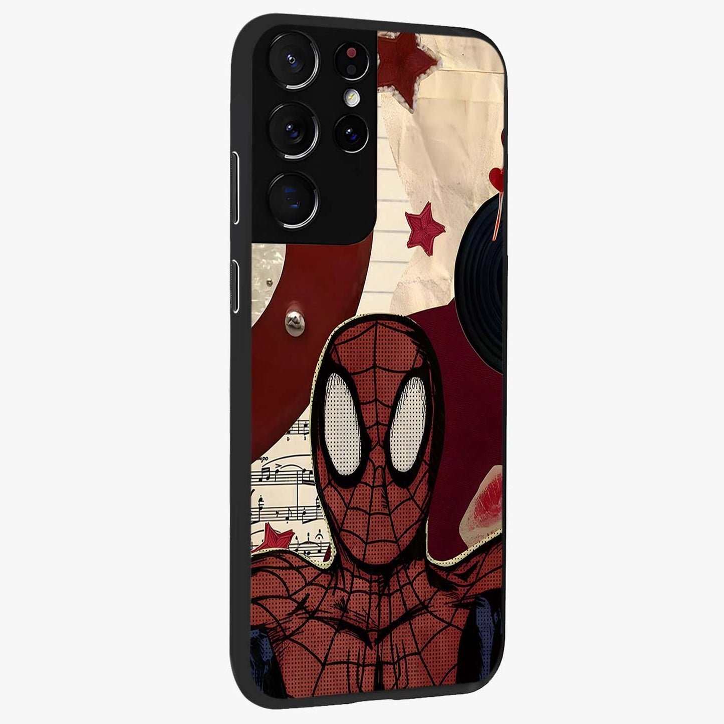 Web Warrior Vibes Glass Case upright view showcasing energetic superhero artwork with bold action theme.