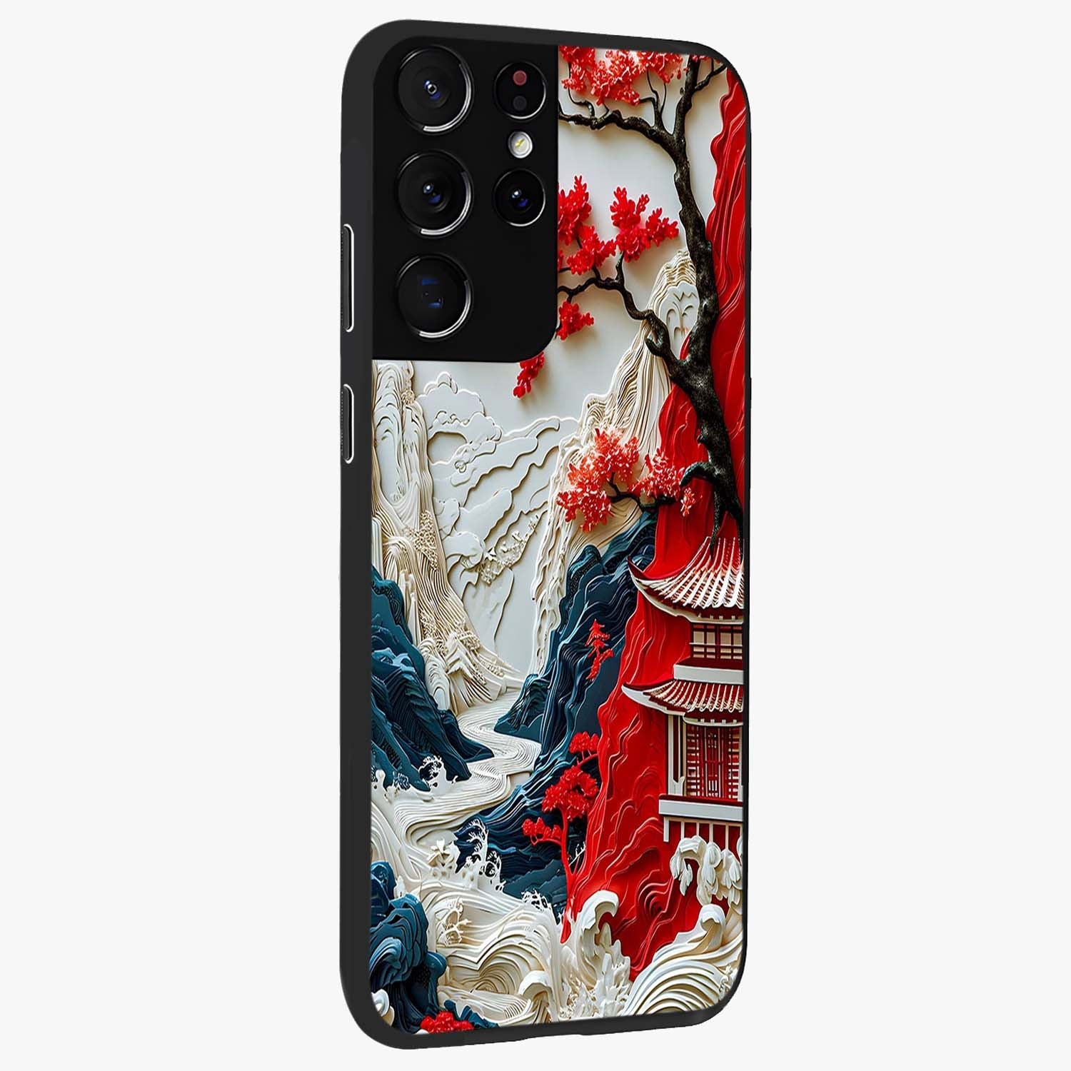 Whispers Of Sakura Waves Glass Case upright view showcasing delicate cherry blossom artwork with elegant nature theme.