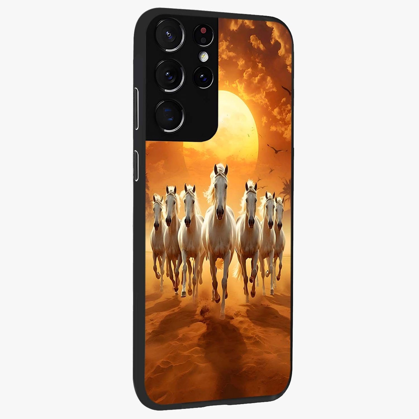 Wild Sunset Majesty Glass Case upright view showcasing dramatic sunset artwork with bold nature theme.