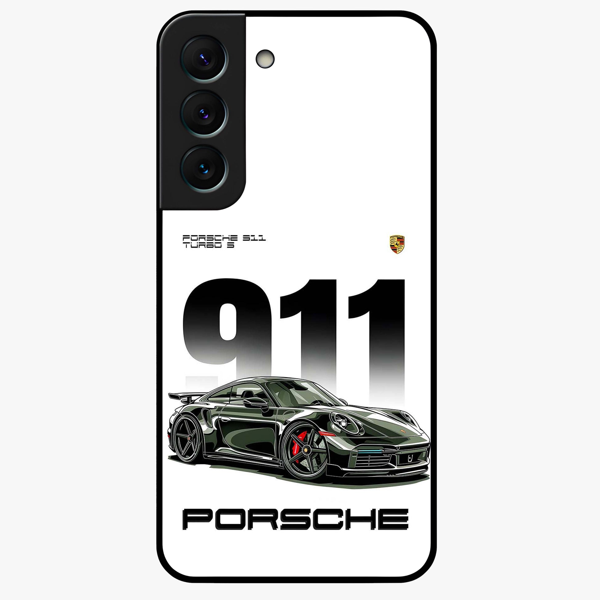 911 Turbo Dominance Glass Case showing clean flat back view with bold 911 sports car artwork and glossy glass finish.