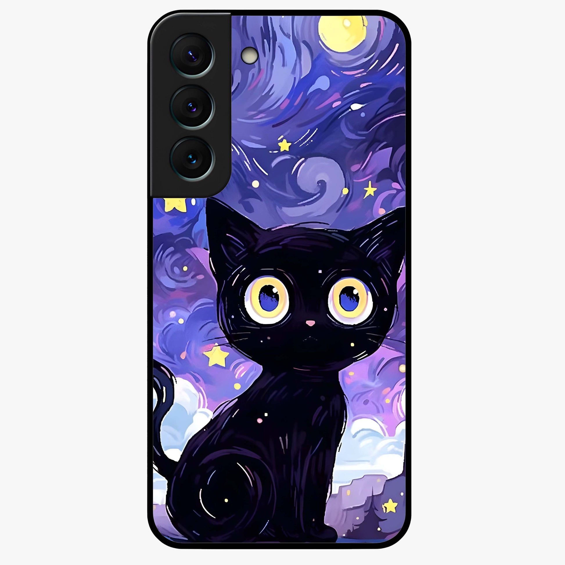 Abstract Cat Art Glass Case showing flat back view with artistic cat illustration and glossy glass finish.