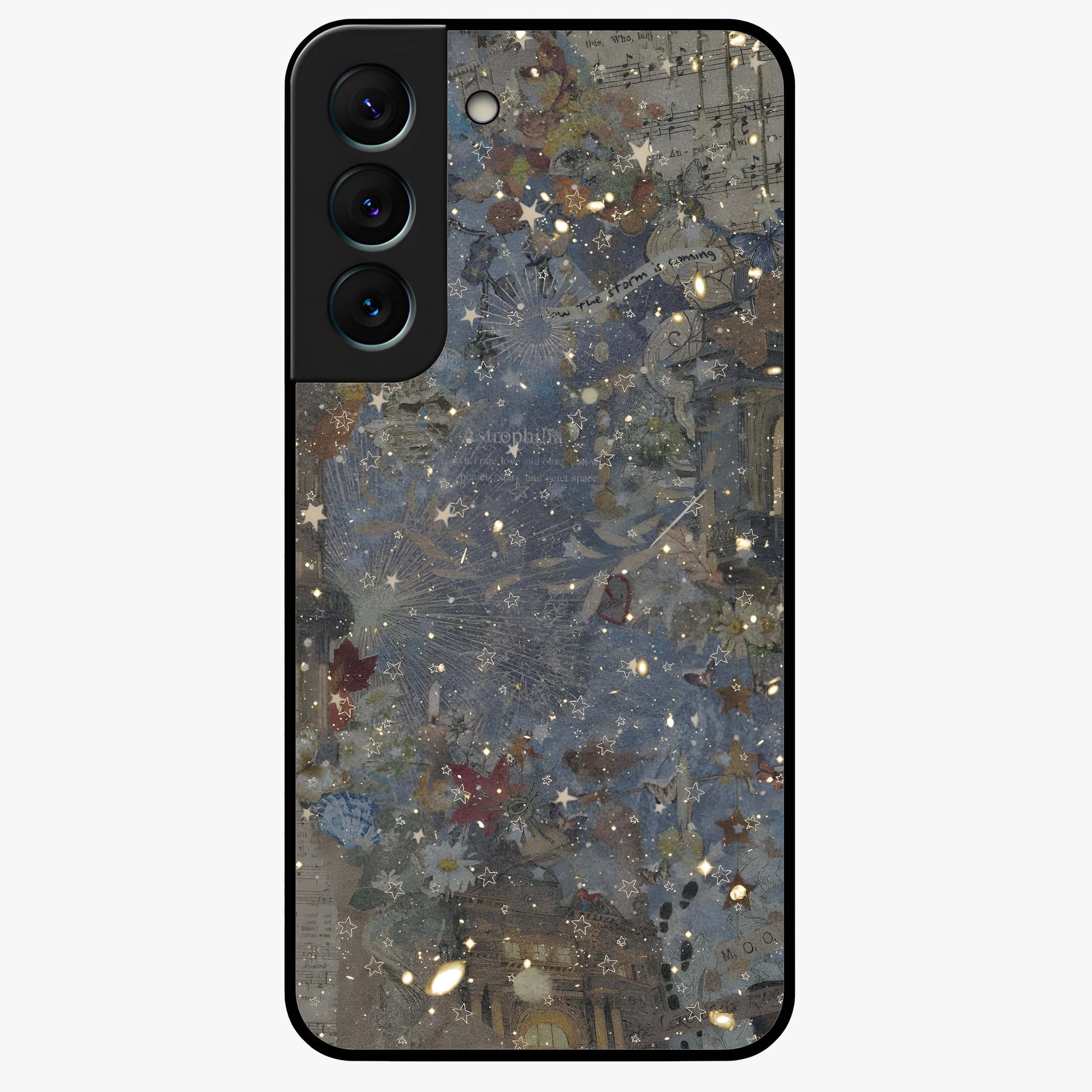 Aesthetic Astrolophia Glass Case showing flat back view with dreamy aesthetic design and glossy glass finish.