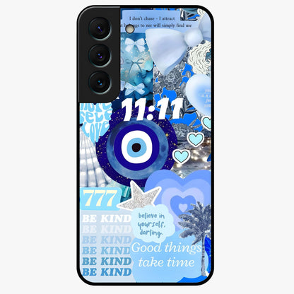 Aesthetic Be Kind Eye Glass Case showing flat back view with motivational eye artwork and glossy glass finish.