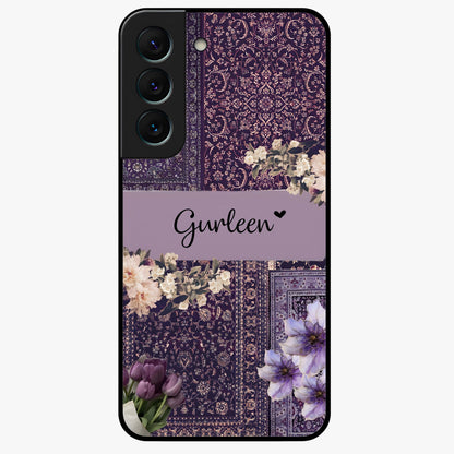 Antique Floral Whisper Custom Name Glass Case showing flat back view with vintage floral artwork and personalized name design.