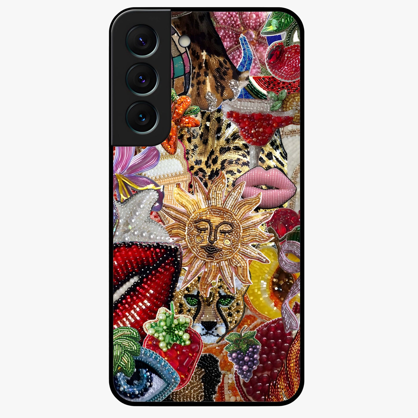 Beaded Fashion Jungle Glass Case showing flat back view with vibrant jungle inspired bead artwork and glossy glass finish.