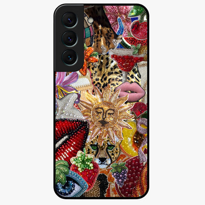 Beaded Fashion Jungle Glass Case showing flat back view with vibrant jungle inspired bead artwork and glossy glass finish.