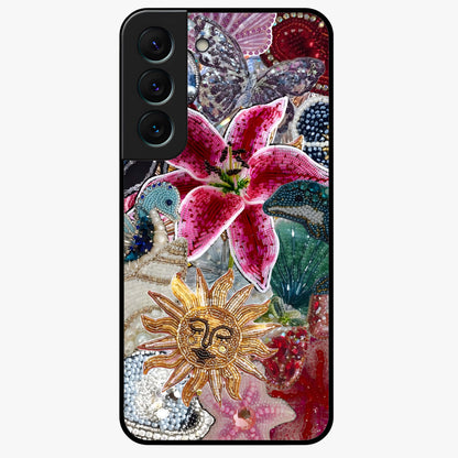 Beaded Garden Fantasy Glass Case showing flat back view with dreamy garden bead artwork and glossy glass finish.