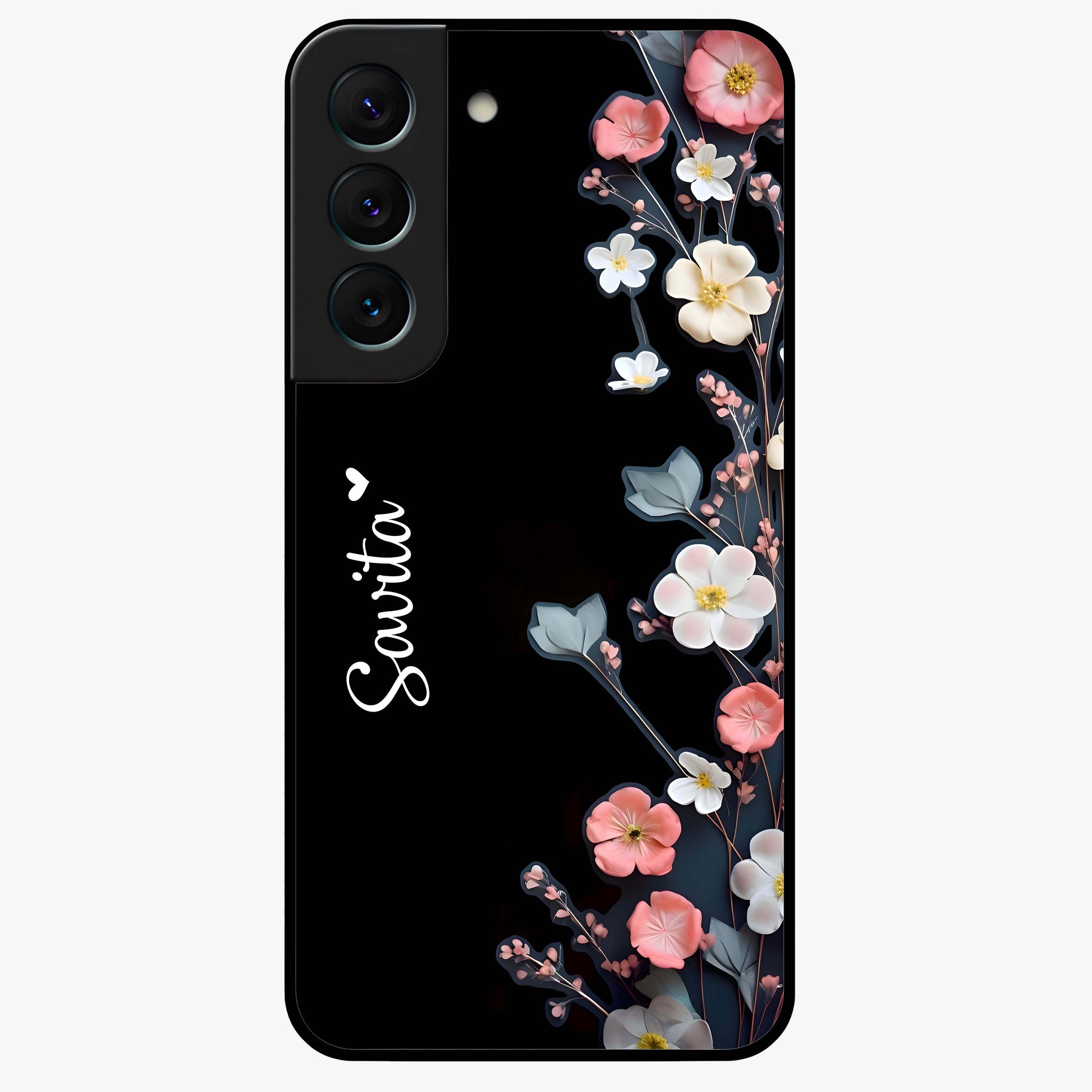 Black Elegance Floral Custom Name Glass Case showing flat back view with elegant floral artwork and personalized name design.