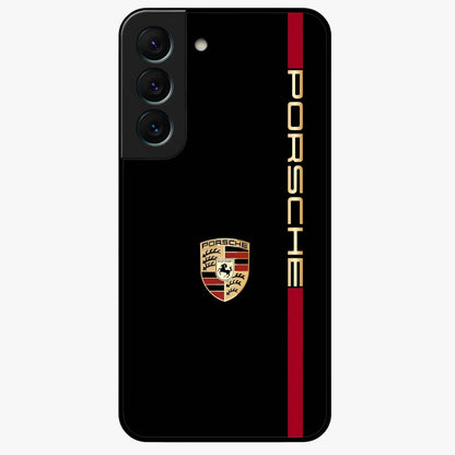 Black Minimal Porsche Glass Case showing flat back view with sleek minimal sports car artwork and glossy glass finish.