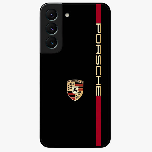 Black Minimal Porsche Glass Case showing flat back view with sleek minimal sports car artwork and glossy glass finish.