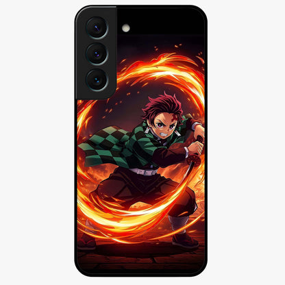 Blazing Sword Resolve Glass Case showing flat back view with fiery sword artwork and glossy glass finish.