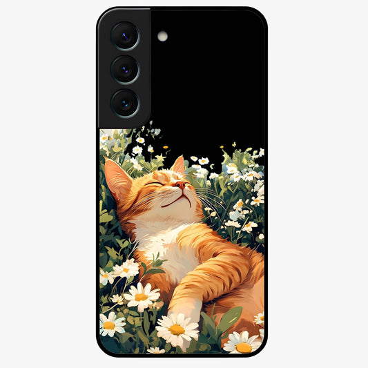 Blissful Bloom Cat Glass Case showing flat back view with cute cat and floral bloom artwork and glossy glass finish.