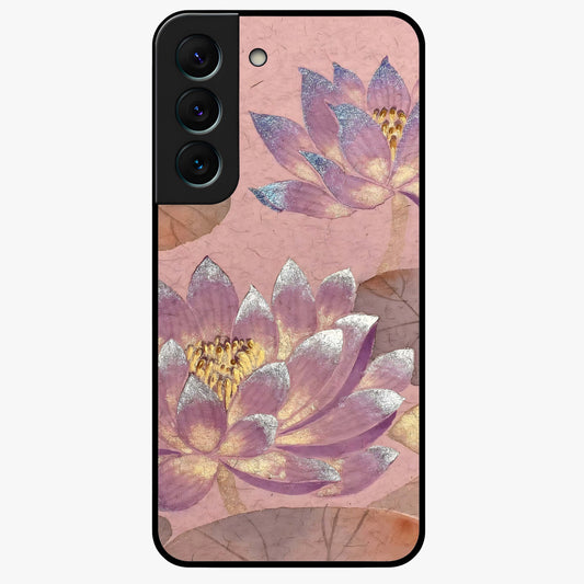 Blossom Mist Lotus Glass Case showing flat back view with serene lotus blossom artwork and glossy glass finish.
