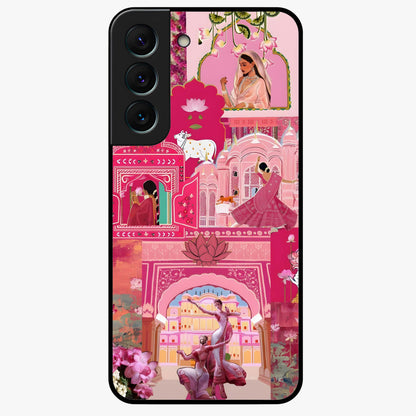 Blossoms of Rajasthan Glass Case showing flat back view with traditional floral artwork inspired by Rajasthan and glossy glass finish.