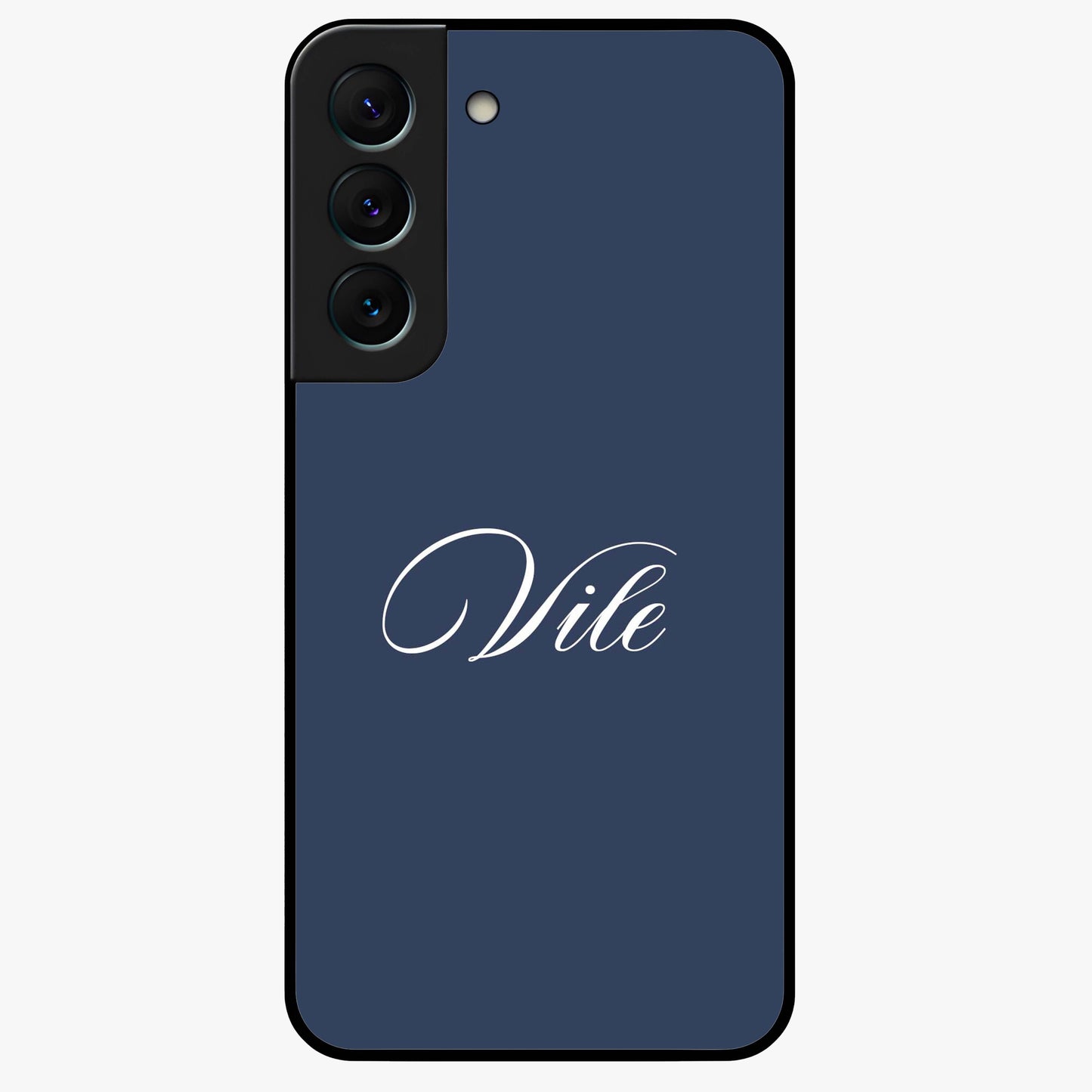 Blue Background Personalized Custom Name Glass Case showing flat back view with minimal blue background and custom name design.