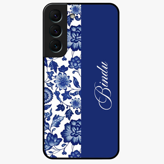 Blue Vintage Floral Pattern Glass Case upright view showcasing timeless floral illustration with vintage inspired style.