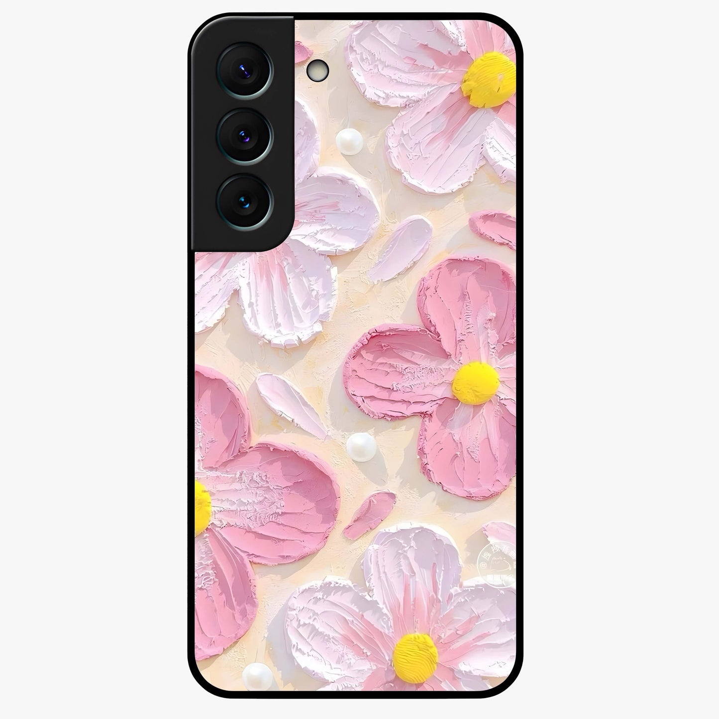 Blush Bloom Texture Glass Case showing flat back view with soft blush floral texture artwork and glossy glass finish.