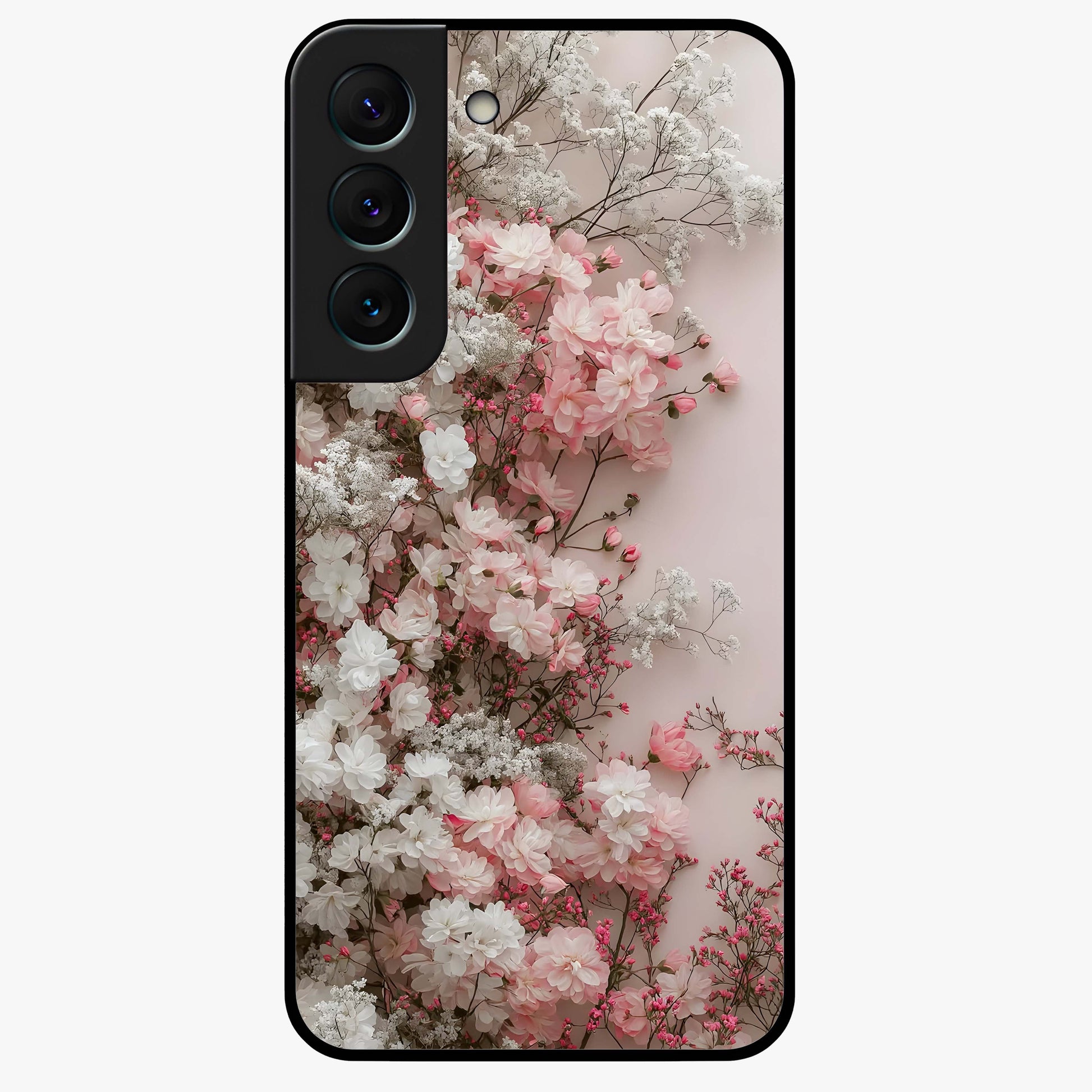 Blush Blossom Cloud Glass Case showing flat back view with dreamy blush cloud blossom artwork and glossy glass finish.